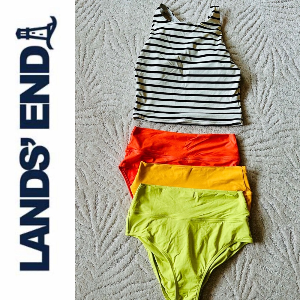 Lands' End Black and White Striped Tankini with Vibrant Bottoms